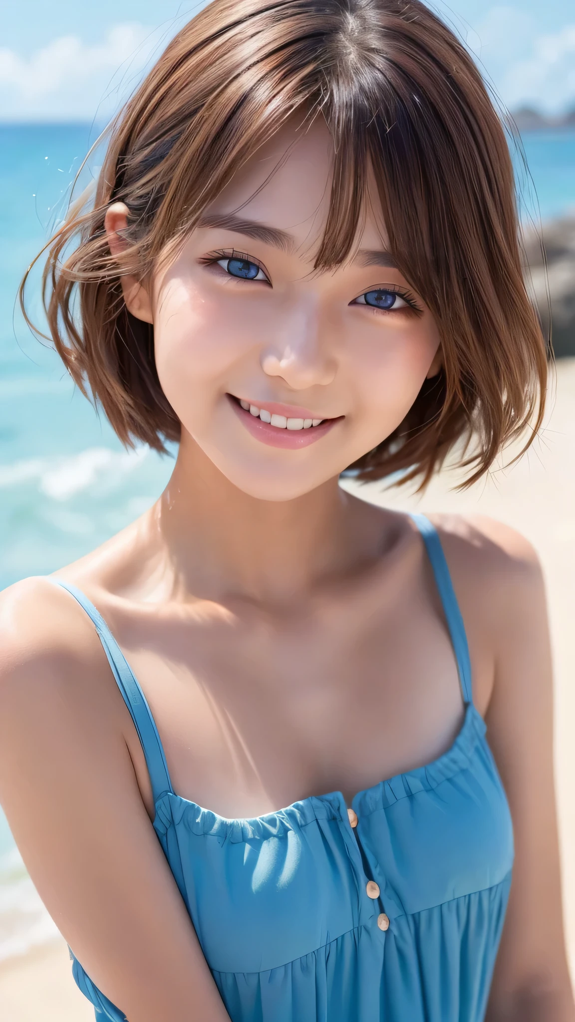 highest quality、Realistic、zoom、Chestnut Hair、Blue Eyes、Short Hair、Long dress、Sunburned、Tan、Brown Skin、Sweat、smile、Ocean、、Bust Shot、From the camera、look up