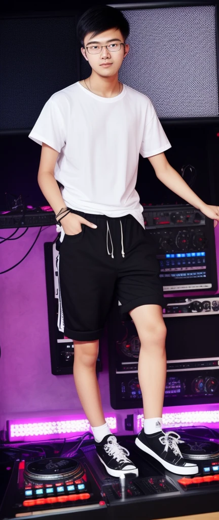 21 year old Beijing boy, he is wearing a oversize white t shirt XXL, he is wearing black trousers, he is wearing black sneakers, he is wearing glasses, he is playing and jump front of a DJ set , NIGHTCLUB, full body, he is buzz cut Hair, foot