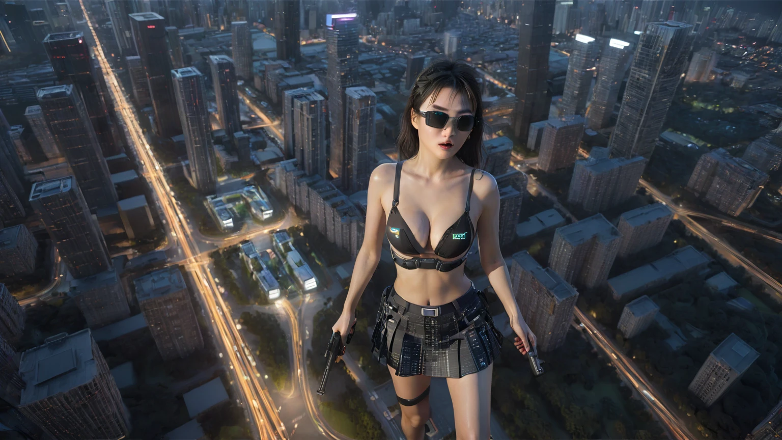 UE 5, computer render, Rendered by Octane, (8K, tmasterpiece), (realistically, Photo degree:1) luminescent concept art, (((((aerial view))))) of Cyberpunk city scene, ((Surreal circuit architecture)), (((((supercars street racing, 1 drone))))). Matrix style, (((((Matrix cascading code))))), (((((a futuristic twin tower skyscraper with a unique twisted design))))), (((((OLED GUI interfaces in the building))))), at night, (((((1girl, solo))))), photo realistic, (((large-breast:1.3 slim body, cleavage))), (((off torn mini matrix-code sling-shirt and black sling bra, extreamly short pleated matrix-code miniskirt exposing panty))), (((((running pose))))), (((((((matrix style black micro sunglasses))))))), ((((((((((aiming with a short gun)))))))))), (((((looking at camera))))), (((very low view))), (((((half-body thigh level medium shot))))), (((cinematic lighting))).