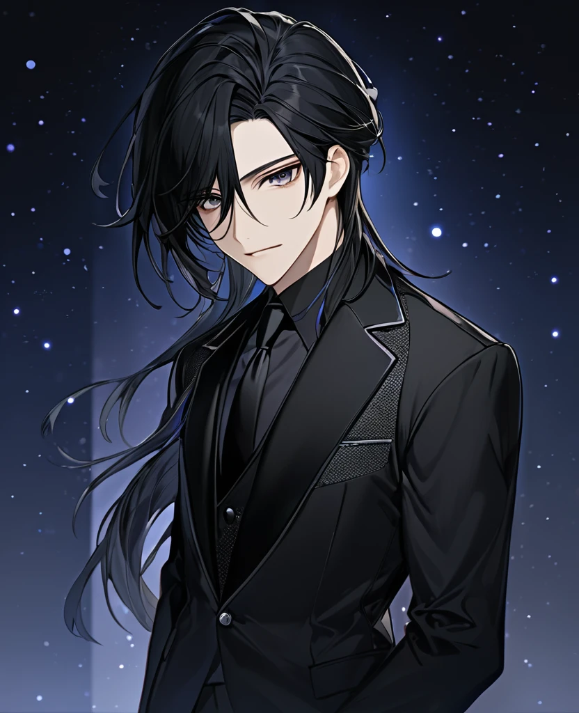 (black_hair), (dark_black_eyes), (detailed_eyes), (attractive), (emotionless), (night_time_background), (male), (wearing _a_black_suit), (long_male_hair), (detailed_Hair), (detailed), (detailed_mouth),
