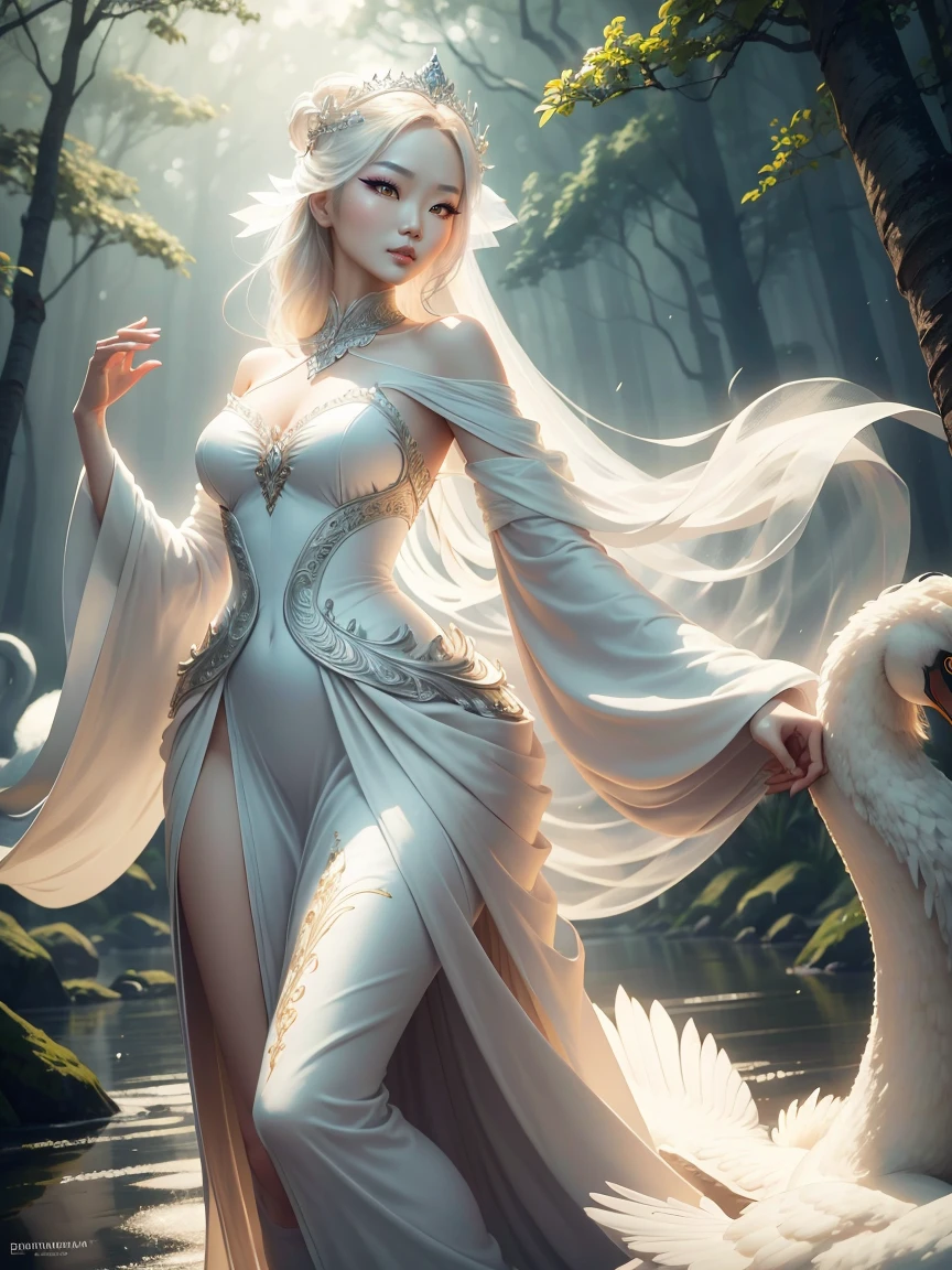 a beautiful ethereal swan queen, 1 girl, elegant swan-like features, long graceful swan neck, porcelain skin, piercing eyes, swan-like headdress, flowing white dress, swan-like movements, glowing ethereal aura, ambient lighting, mist and fog, serene forest background, detailed facial features, highly detailed, photorealistic, 8k, cinematic lighting, dramatic lighting, dramatic poses, fantasy art