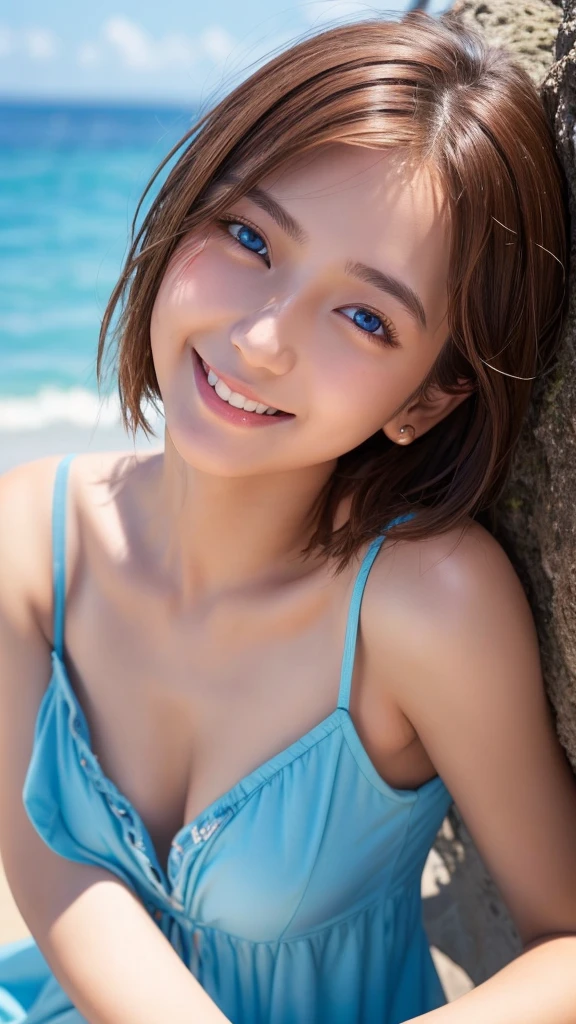 highest quality、Realistic、zoom、Chestnut Hair、Blue Eyes、Short Hair、Long dress、Sunburned、Tan、Brown Skin、Sweat、smile、Ocean、、Bust Shot、From the camera、look up