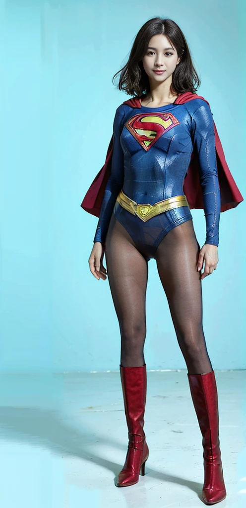 No background、(((Beautiful legs in black tights.)))、(((Legally express the beauty of your smile)))、((((Make the most of your original images)))、(((Supergirl Costume)))、(((Beautiful very short hair)))、(((suffering)))、(((Please wear black tights....、Wear red boots)))、((Best image quality、8K))、((Highest quality、8K、masterpiece:1.3))、(((Preserve background )))、Sharp focus:1.2、Beautiful woman with perfect figure:1.4、Slim Abs:1.2、Wet body:1.5、Highly detailed face and skin texture、8K