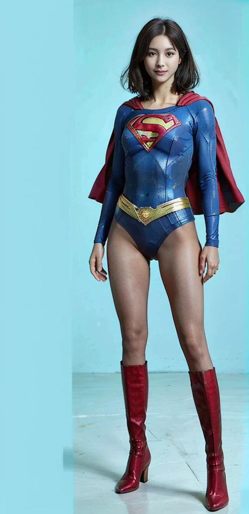 No background、(((Beautiful legs in black tights.)))、(((Legally express the beauty of your smile)))、((((Make the most of your original images)))、(((Supergirl Costume)))、(((Beautiful very short hair)))、(((suffering)))、(((Please wear black tights....、Wear red boots)))、((Best image quality、8K))、((Highest quality、8K、masterpiece:1.3))、(((Preserve background )))、Sharp focus:1.2、Beautiful woman with perfect figure:1.4、Slim Abs:1.2、Wet body:1.5、Highly detailed face and skin texture、8K