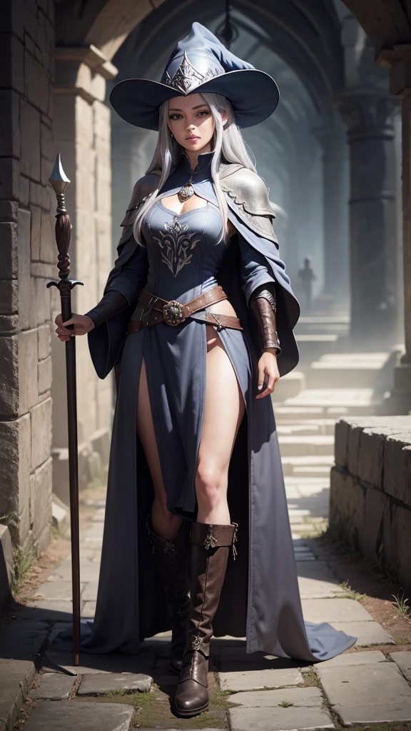 medieval setting, full view of body, 1 female elf mage,beatiful smokey eyes, silver hair, black mage robe with gambeson, wizard hat, leather boots
