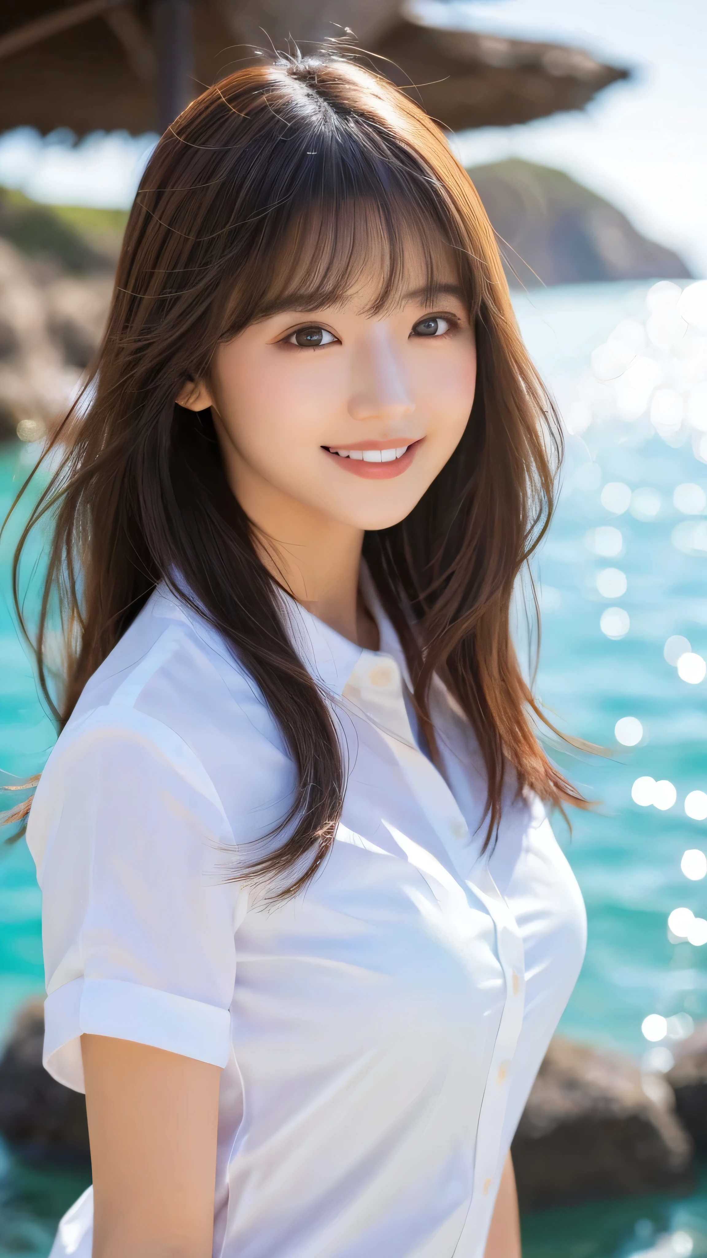 ((Highest quality、Tabletop、8K、Best image quality、Extremely intricate and detailed))、(1 person photo:1.1)、(Nationality: British:1.2)、(Look at me with your best smile:1.1)、(Beautiful beaches:1.1)、(White polyester high short sleeve collar shirt:1.1)、(The perfect short sleeve collared shirt:1.1)、Accentuate your body lines、The most natural and perfect sea background、The clearest and most beautiful sea、(Very large breasts:1.1)、(Face close-up:1.2)、Attractive body、Hair swaying in the wind、Sandy Beach、Beautiful sea、The clearest and most shining sea、Complex sea glow、The most detailed and realistic ocean、The details of the beautiful sea are depicted.、(Very brightly lit face:1.2)、Ultra-high definition beauty face、(Ultra high resolution perfect beautiful teeth:1.1)、Ultra HD Hair、Ultra-high definition sparkling eyes、(Pure white skin shining in ultra-high resolution:1.2)、Ultra-high quality glossy lips、The cutest gravure pose、(Very bright and vivid:1.2)、(Very bright:1.2)、(Very refreshing:1.1)、(Glowing white beautiful skin:1.2)、(Very strong exposure:1.2)、(Pure white skin that shines Very brightly:1.2)、(Very strong highlights:1.2)、(Very bright and glowing skin:1.2)、Blurred Background