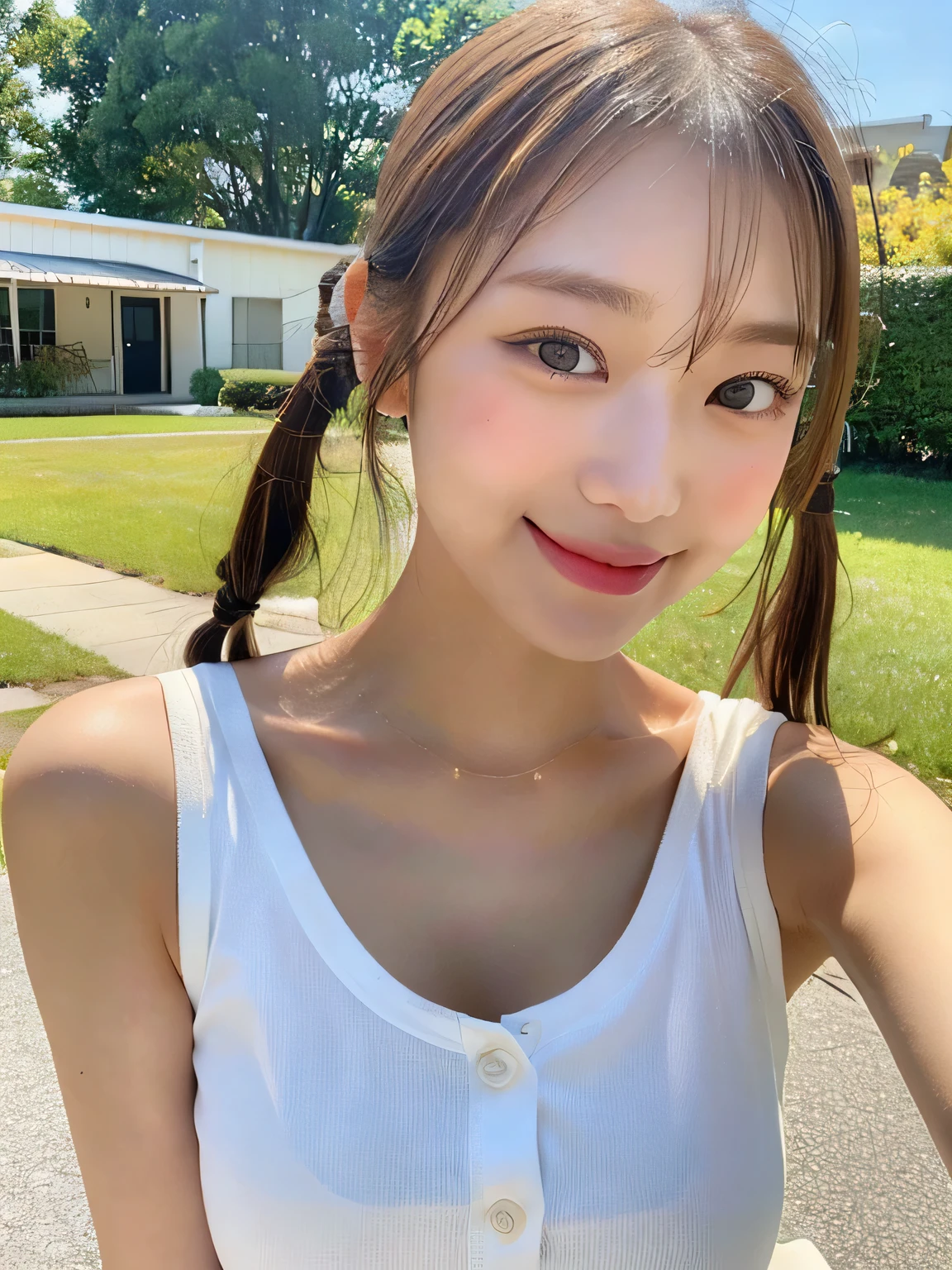 One person、、Full body photo、slender、Japanese women、White drool coming out of the mouth、smile、Blonde twin tails、 Fair skin, messy hair, super cute、Soft and Face、8K resolution、Surreal、Ultra high definition、 A-cup small breasts((Higsolution、8K、masterpiece:1.3))、Ultra-fine face、Ultra Fine Lips、Beautiful Eyes、double eyelid,Sleeveless orange button-down shirt d、Thighs、thin,Thighsが見える、Shapely small breasts、smile、