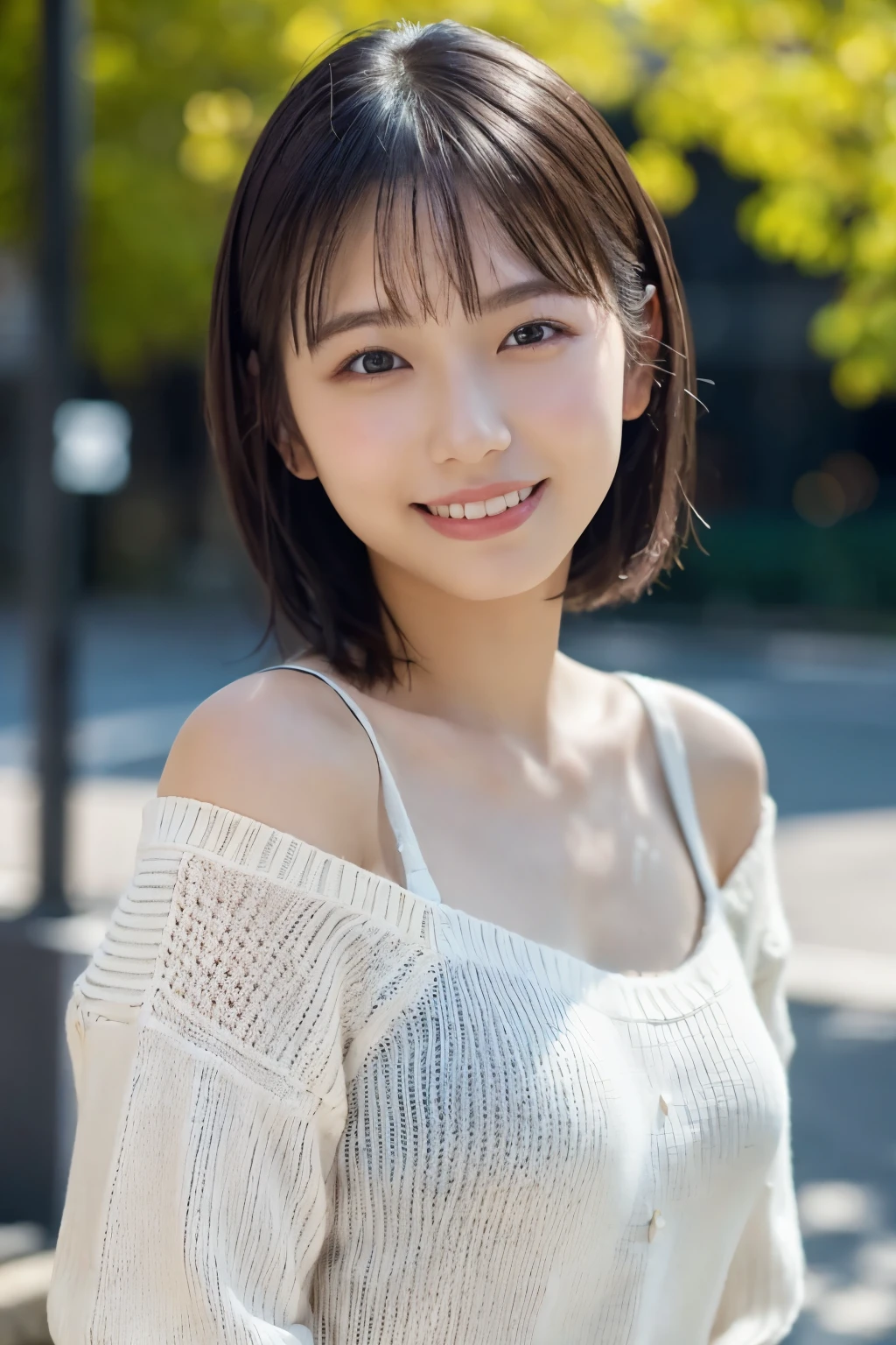 1 Girl, (Wearing a white summer sweater:1.2), Very beautiful Japanese idol portraits, 
(RAW Photos, Highest quality), (Realistic, Realistic:1.4), (masterpiece), 
Very delicate and beautiful, Very detailed, 2k wallpaper, wonderful, finely, Very detailed CG Unity 8K 壁紙, Very detailed, High resolution, Soft Light, 
Beautiful detailed girl, Very detailed目と顔, Beautiful and sophisticated nose, finelyて美しい目, Cinema Lighting, 
(I am doing gravure shoots for fashion magazines.....:1.3), (Outdoor),
(short hair), 
Complete Anatomy, Slender body, Small breasts, smile