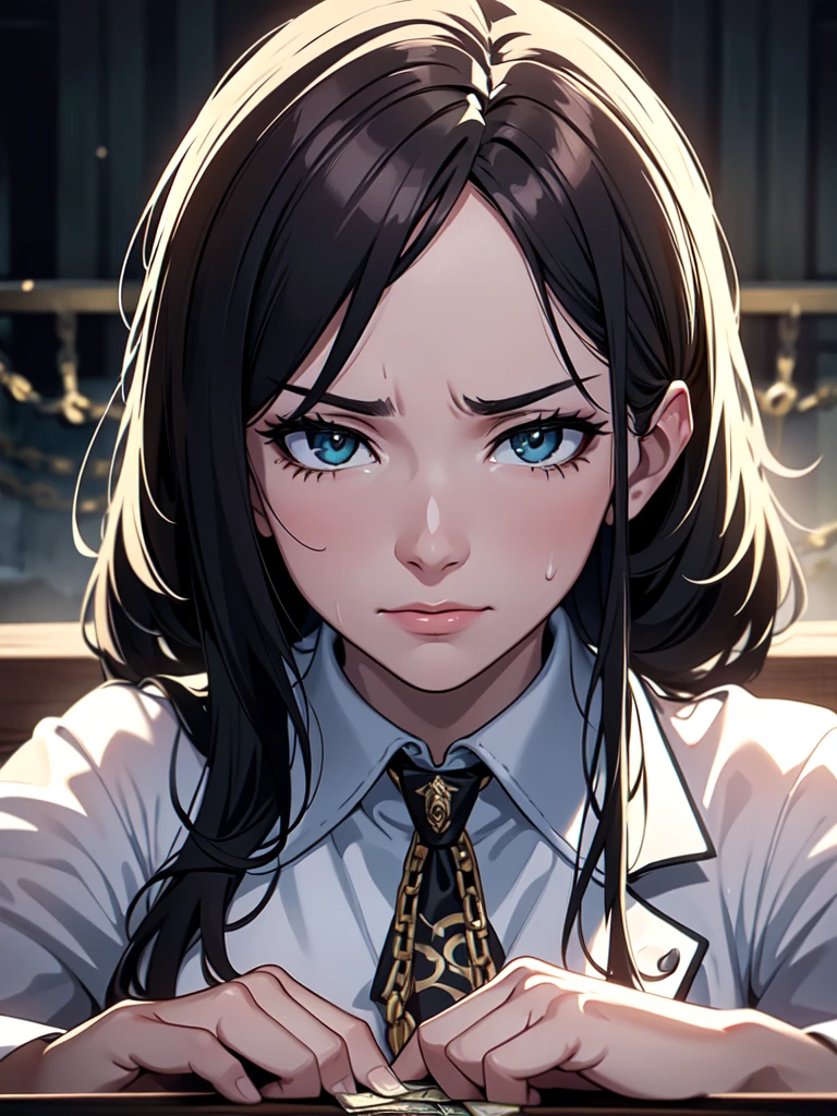 A woman in a white jacket is sitting at a table holding a pile of money, a woman fighting against money, oil painting, harsh brushstrokes, dramatic lighting, intense expression, determined eyes, clenched fists, sweat dripping down her face, wrinkled suit, broken chains, crumbling dollar bills, crumbling stock market graph, smoke rising in the background, black and white with a touch of gold, realism. (best quality, high res, ultra-detailed), (realistic:1.37), professional, vivid colors.