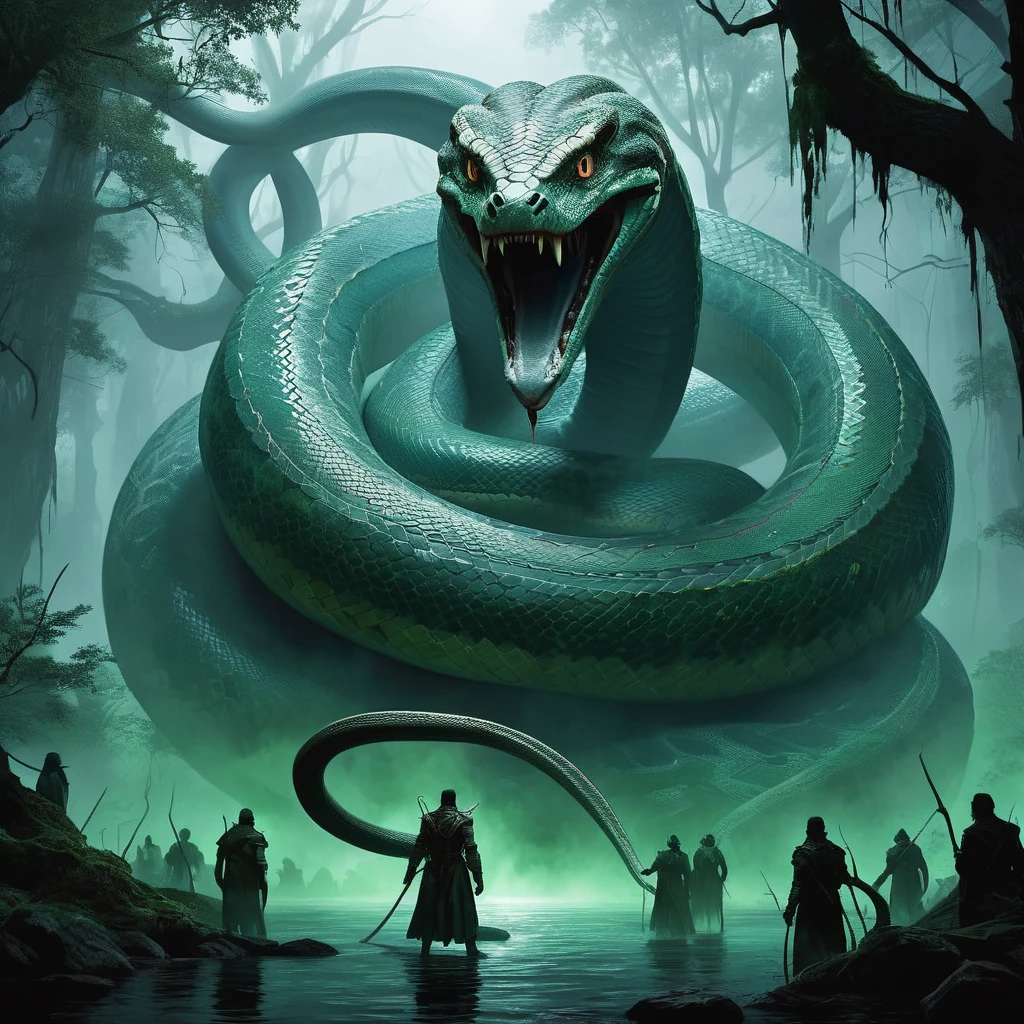 In the heart of the cursed swamp known as Morlog's Mire, where the air hangs heavy with mist and the trees twist like gnarled fingers, tales abound of a creature unlike any other—a snake of human size, its sleek, has a body of a human but snake head
Feared and revered by the local villagers as the 'Serpent of Shadows,' this enigmatic being is said to possess a cunning intellect and ancient knowledge hidden within its piercing eyes. Legends speak of its ability to grant boons to those brave or desperate enough to seek its counsel, yet its favors come at a perilous price.
