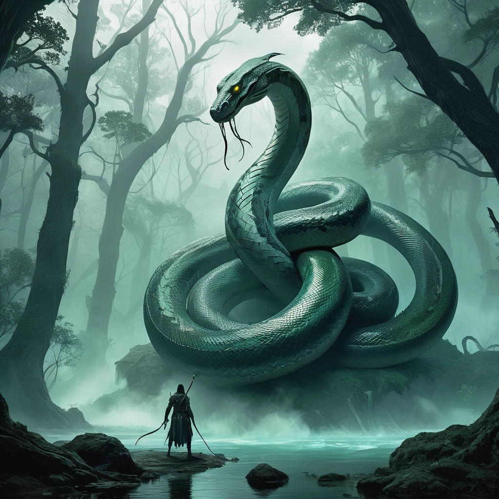 In the heart of the cursed swamp known as Morlog's Mire, where the air hangs heavy with mist and the trees twist like gnarled fingers, tales abound of a creature unlike any other—a snake of human size, its sleek, has a body of a human but snake head

Feared and revered by the local villagers as the 'Serpent of Shadows,' this enigmatic being is said to possess a cunning intellect and ancient knowledge hidden within its piercing eyes. Legends speak of its ability to grant boons to those brave or desperate enough to seek its counsel, yet its favors come at a perilous price.

