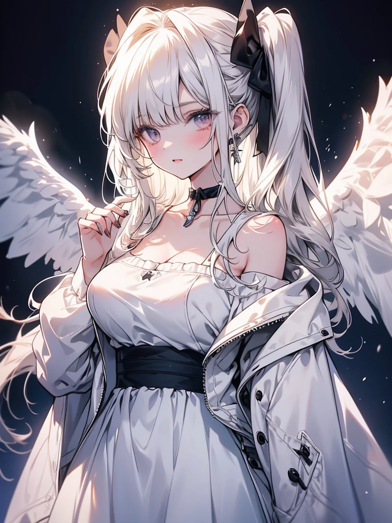 Create a cowboy shot depicting a female with very long hair, very large breasts, wearing an off the shoulder white dress (1.3) and white jacket. The female should be holding a choker, with a side ponytail and black wings (1.2).