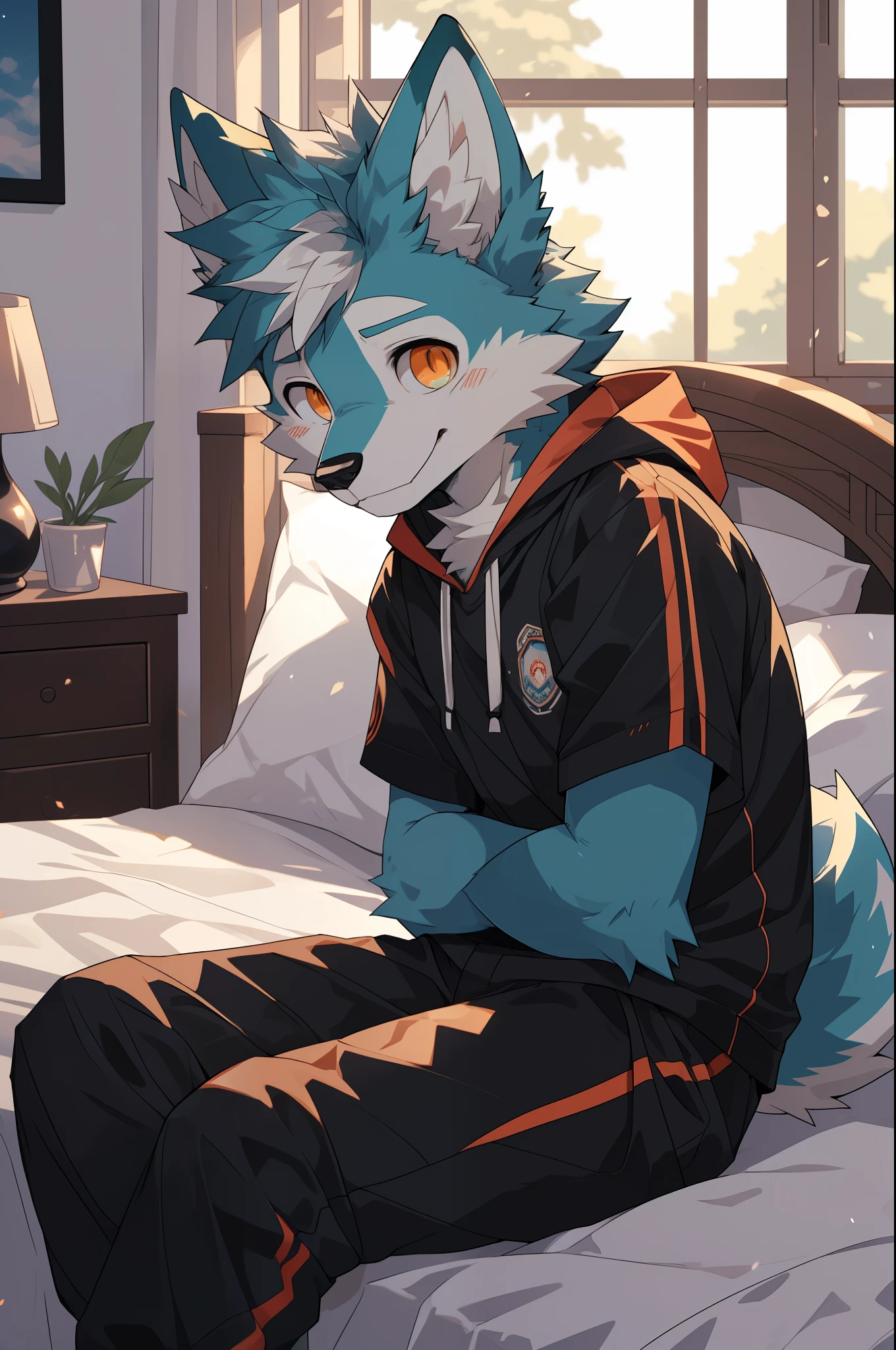 (high definition, Dynamic HDR, 4K, Full HD), furry, 18 years old, relax, wolf, Big one, green fur, orange_eyes, Random clothes, Sad smile, bedroom, bodyส่วนบน, cute, warm, slim_body, Wear tight clothes., round_cornea,