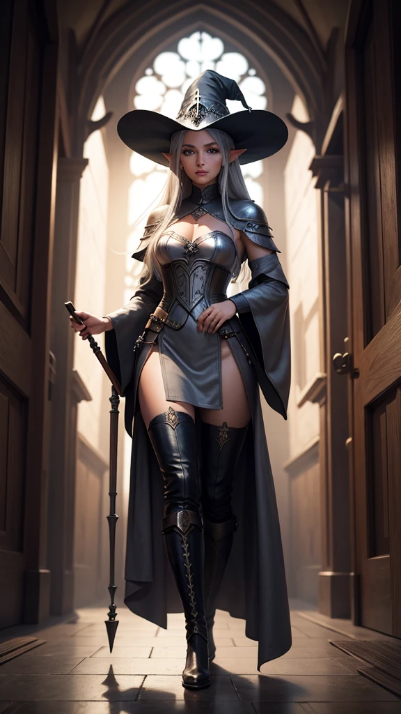 medieval setting, full view of body, 1 female elf mage,beatiful smokey eyes, silver hair, black mage robe with gambeson, wizard hat, leather boots