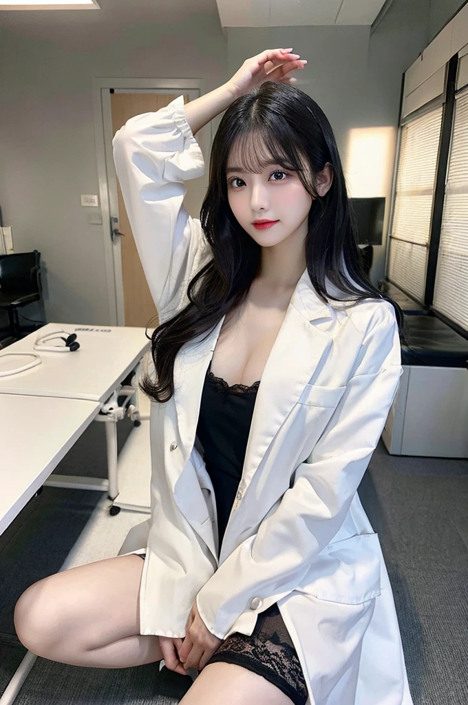 ((top-quality、8K、​masterpiece:1.3))、((1womanl))、((A Japanese Lady))、((A MILF))、((45 yers old))、((slim figure))、((Female Ophthalmologist))、((Detailed eye examination room))、((Office Desk))、((Detailed office chair))、((Sitting on an office chair))、((beautifully detailed hair))、((Float NovaFrogStyle))、((Black hair Long hair))、((Extraordinary beauty))、((Beautiful and ultra-detailed face))、((kindly smile))、((Detailed lab coat))、((Beautiful and detailed scruff))、((Detailed necklace))、((Beautiful and detailed hands))、((Detailed long skirt))、((Sitting cross-legged))、((Detailed beautiful legs))、((Beautiful and detailed ankles))、((Detailed anklet))