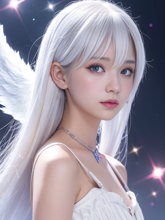 Angel white hair girl colorful Sparkling Facing forward