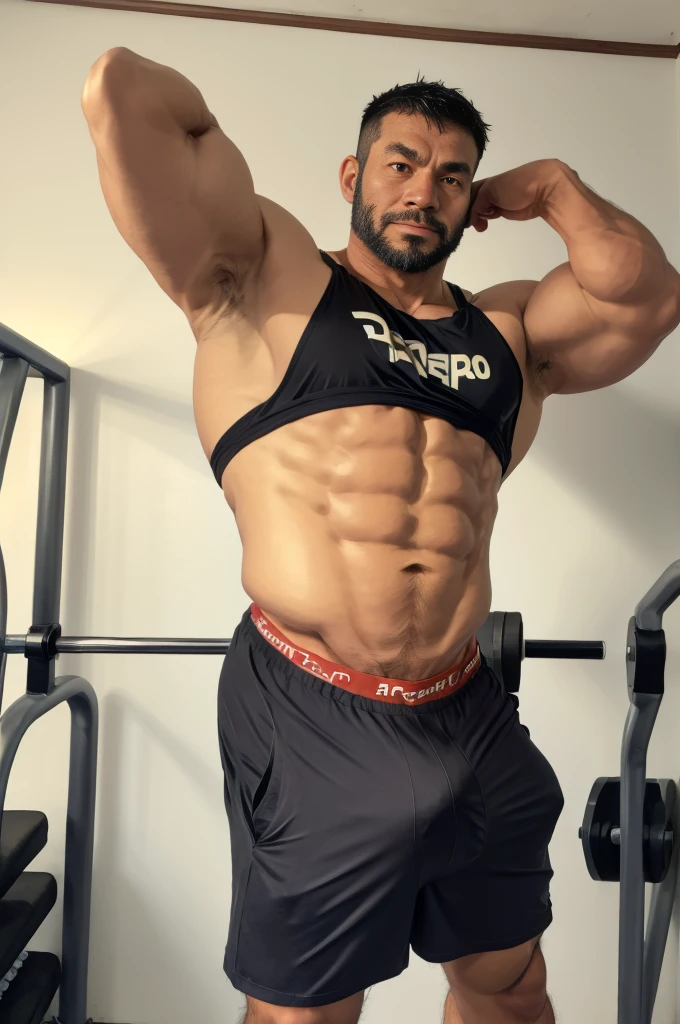 Real life photos,A strong gym teacher walks into the room,Take the barbell,Black barbell,Walking posture,Fitness coach,Looking at the camera,40-year-old Asian man image,Canine,Tiger Teeth,Looking at the camera,Both hands,beard,A kind expression,Kind uncle,A polite greeting,Black short hair,Very short hair,(Fat-encapsulated muscle),Fit and fit,Thick armpit hair,Mermaid line,Loose work shorts,Dirty pants,(There is a huge King Oyster Mushroom in my pants),Leg hair,Thick body hair,Black body hair,Leg hair,cloth shoes,toe,Sexy men,full-body shot,Real person photos,Correct anatomical shape of the limbs,indoor,White Wall,daytime,Full body shot,Bottom-up camera angle,Upward camera angle,Fine skin texture,Soft Light,Low contrast images,Highest quality,4k quality,