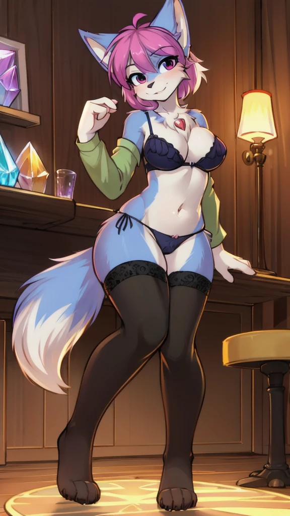 von Rajii, (by tom fischbach:1.25), (von Fluff-Kevlar:1.1), von whisperfoot, by Zackary911, von codyblue-731, have uploaded the e621, digital art, good quality, masterpiece, romper, (Crystal star fox:1.2), (Crystal:1.2), furry, fox, anthro fox, tail, in the house, medium breasts, Pose, (dressed with bra, Panties and stockings:1.3), Viewers look at
