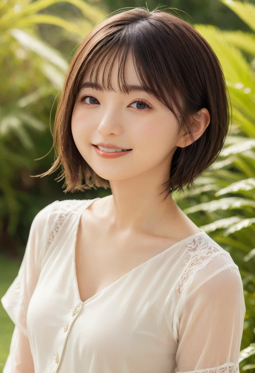 (Highest quality,8K quality,masterpiece:1.3),(Ultra-high resolution,Realistic:1.4,Live Shooting),(Very detailed,Caustics),(Ultra-Realistic Capture,(((garden)),beautifully detailed skin),19 years old,Beautiful Japanese, Medium Hair, Asymmetrical bangs, Brown Hair, I'm looking at the camera with a smile on my face,Soft Light,A ray of light shining from above,Natural light,((Neat blouse)),(((1 female))),