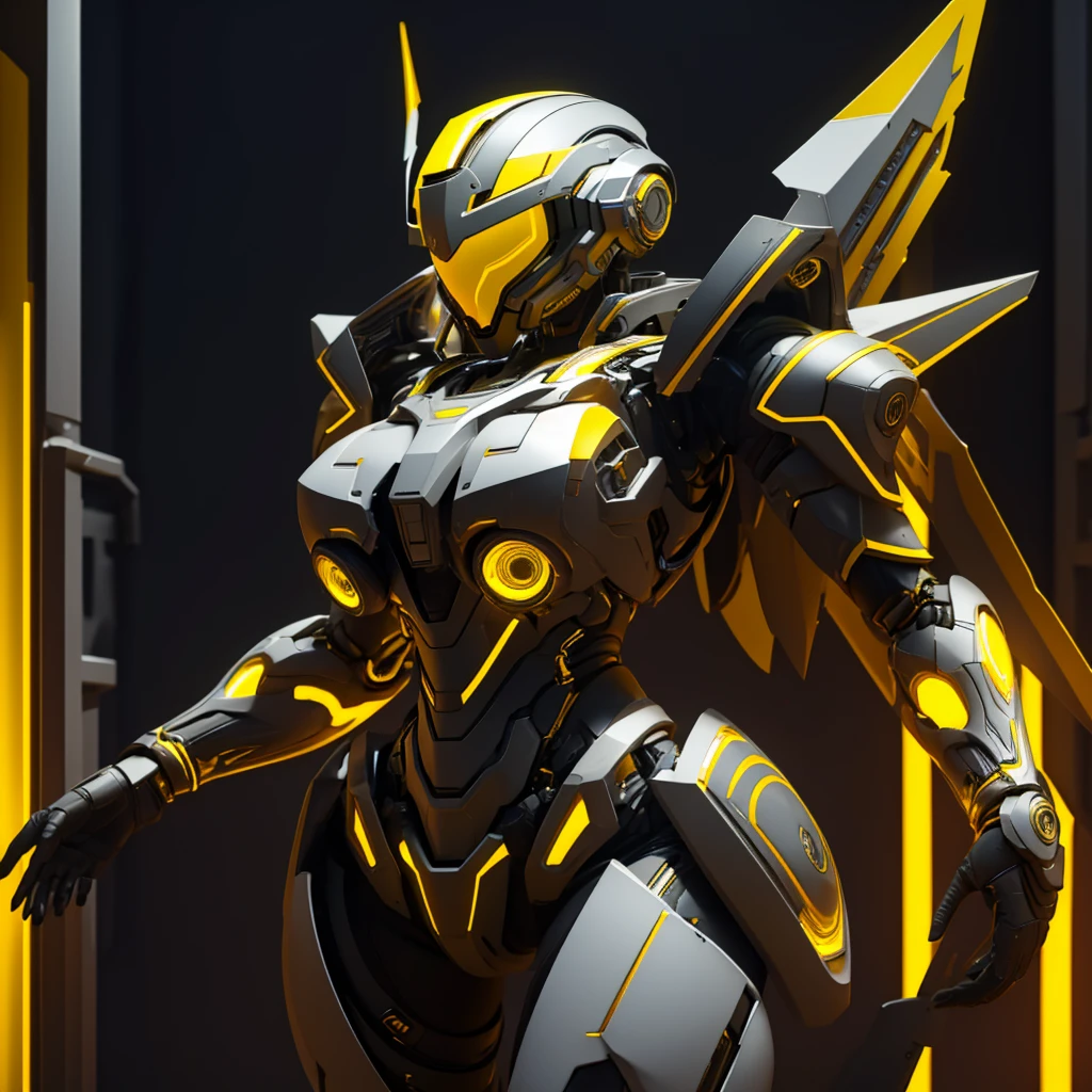 (masterpiece), (best quality), (high res) Solo, (perfect anatomy) Dronificated unknown woman , (enclosed gray full body armor), (yellow lights), (yellow circular glowing core in the chest), (enclosed cyber helmet), mechanical wings, (yellow screen visor), huge breast, narrow waist, wide hips, thick thighs, in a storage, (no face) no face, no hair, no mouth, no eyes, in a factory