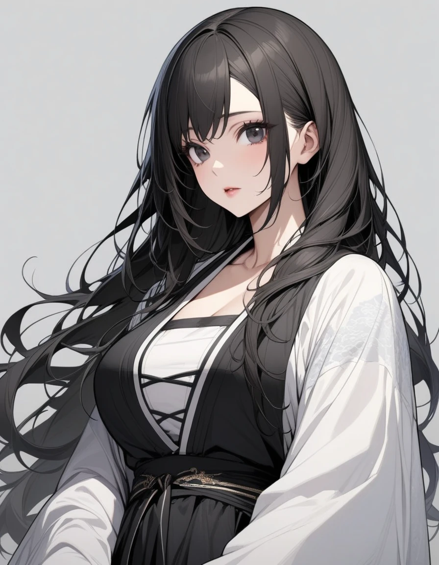 Mature big sister,Black long hair,Black chest binding,Hanfu,Beautiful black eyes,Extremely detailed,high resolution,Simple background