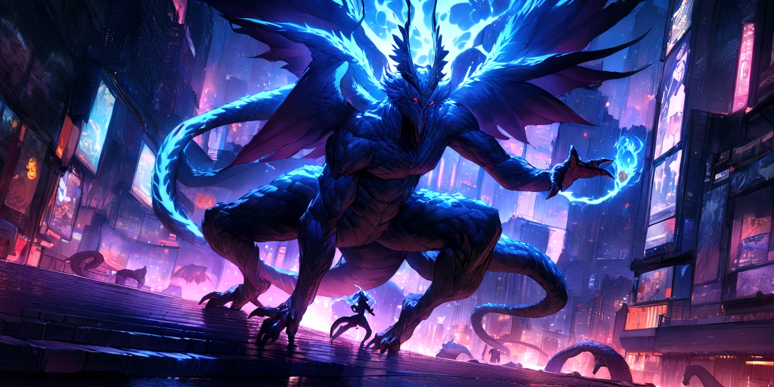 ((masterpiece, Highest quality, Best image quality, High resolution)), A mighty owl in human form,The tail is made of a snake、dangerous & Powerful creatures, Mythical creatures, an ominous fantasy illustration, Greek Dark Mythology、Glowing blue eyes and advanced cybernetic enhancements. The giant demon is seen in a dynamic action pose, Neon-lit rooftop, reflection on a smooth surface. The cityscape below is filled with towering skyscrapers., illuminated by colorful holographic advertisements, Shining with blue energy, Mighty power. The overall atmosphere is dark and mysterious., It had a futuristic techno vibe.. The lighting is dramatic, Intense highlights and deep shadows, Creates depth and tension.