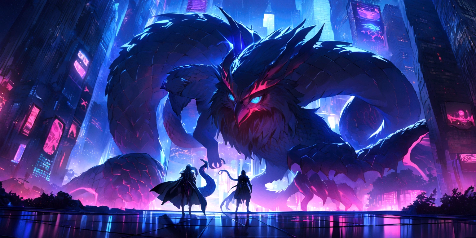 ((masterpiece, Highest quality, Best image quality, High resolution)), A mighty owl in human form,The tail is made of a snake、dangerous & Powerful creatures, Mythical creatures, an ominous fantasy illustration, Greek Dark Mythology、Glowing blue eyes and advanced cybernetic enhancements. The giant demon is seen in a dynamic action pose, Neon-lit rooftop, reflection on a smooth surface. The cityscape below is filled with towering skyscrapers., illuminated by colorful holographic advertisements, Shining with blue energy, Mighty power. The overall atmosphere is dark and mysterious., It had a futuristic techno vibe.. The lighting is dramatic, Intense highlights and deep shadows, Creates depth and tension.