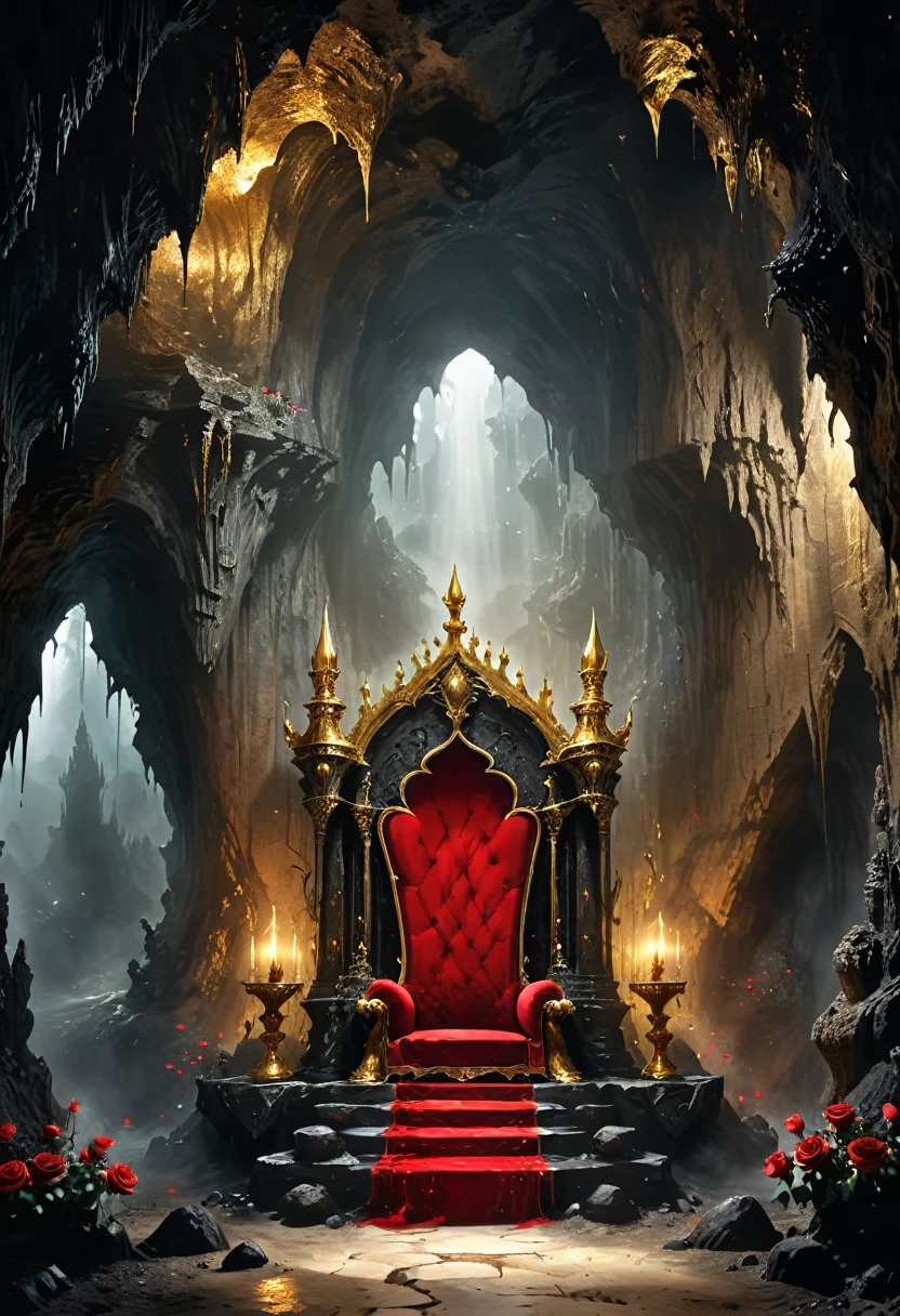 Cave，Underground Kingdom，Gothic style：High，(((throne：1.37，gem，gold)))，Red rose，Dust，Majestic