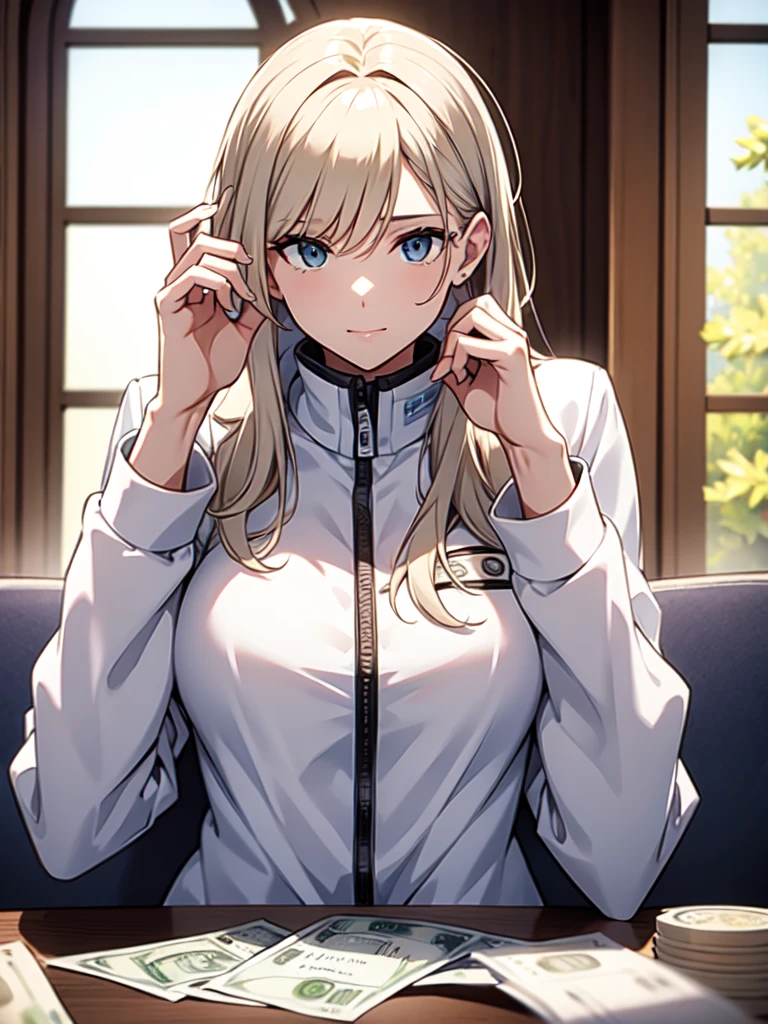 A woman in a white jacket is sitting at a table holding a pile of money,