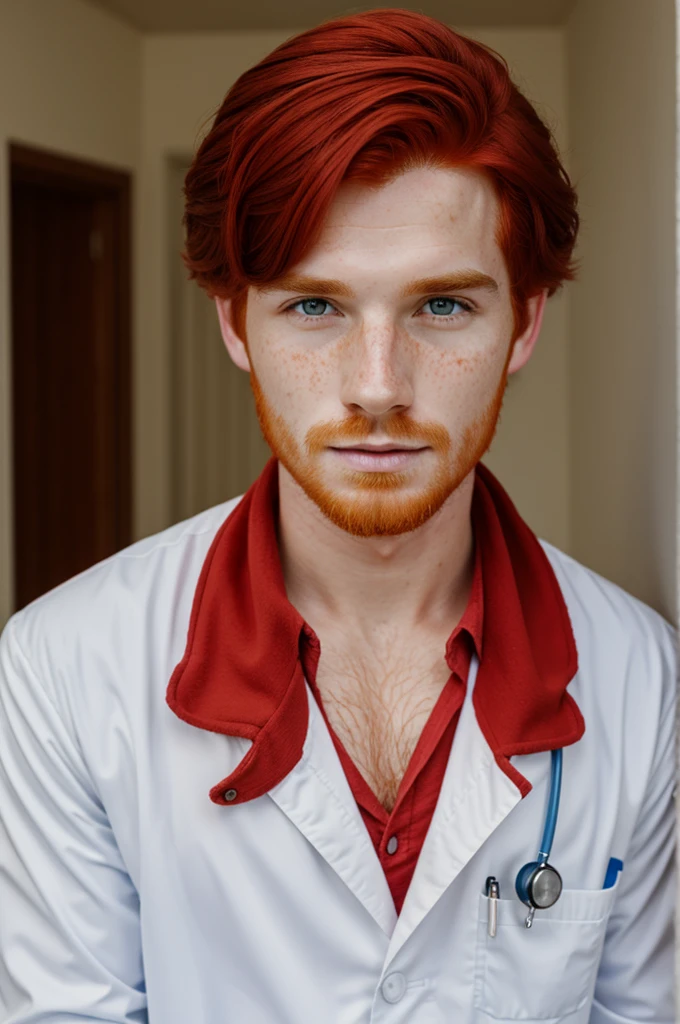 Red-haired boy with freckles and doctor's coat