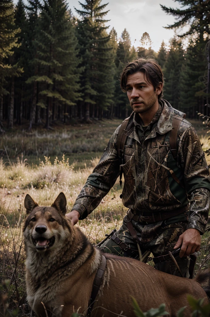I want to make a hunting theme in the wilderness to provide ideas for several scenes in my short film trailer, each sentence at the end of the cinematic drama lighting 16:9 give answers in English