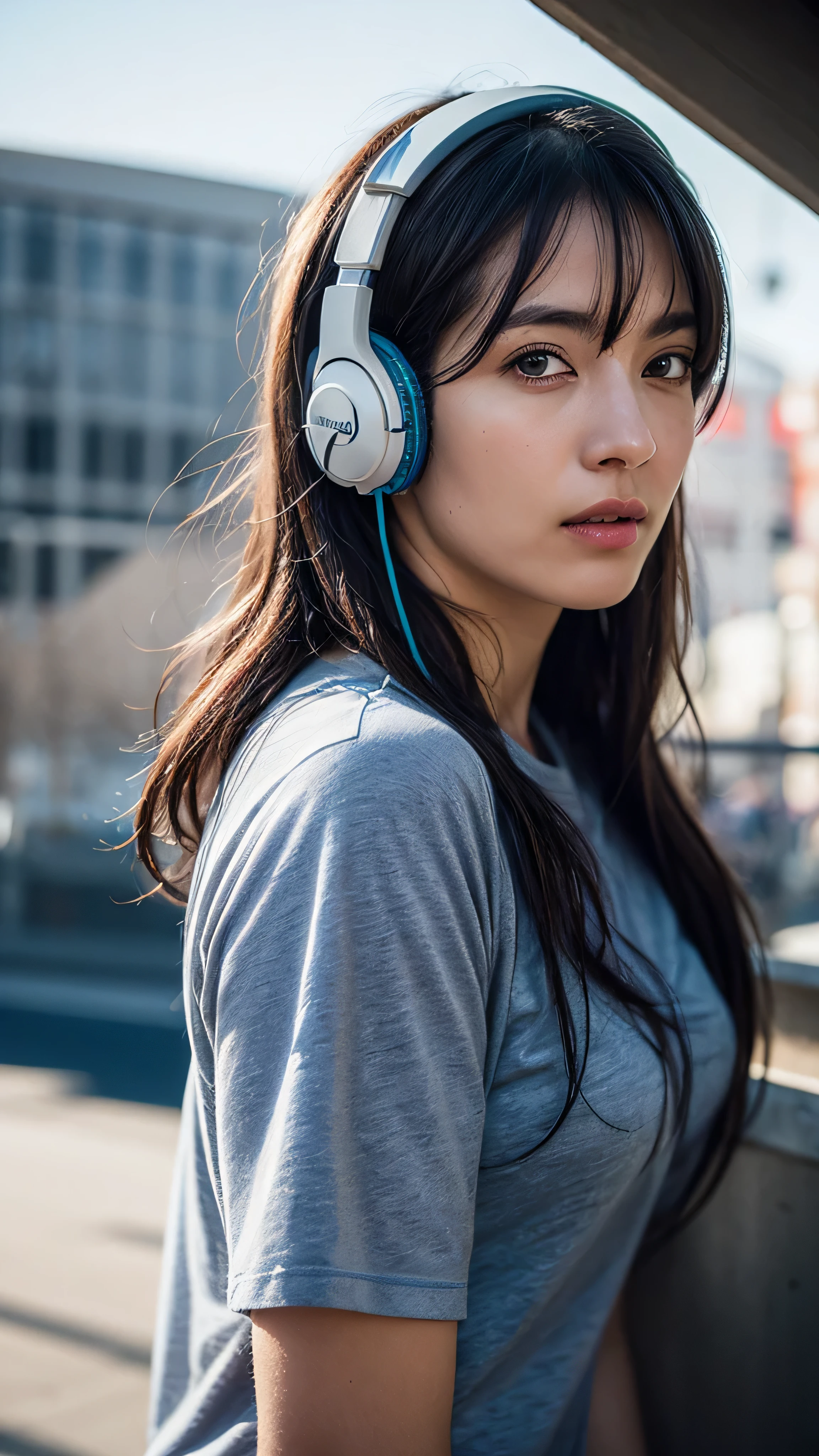 Dressed, (photo Realistic:1.4), (hyper Realistic:1.4), (Realistic:1.3), (Smoother lighting:1.05), (Improving the lighting quality of movies:0.9), 32k, One girl,20 year old girl, Realistic lighting, Backlight, Light on the face, Ray-tracing, (Bright light:1.2), (Improvement of quality:1.4), (Highest quality real texture skins:1.4), Detailed drawn eyes, Detailed painted face, Quality Eyes, (Tired, sleepy and satisfied:0.0), Face close-up, T-shirt with headphones, (Enhance the mood of your body line:1.1), (Enhances the beauty of skin texture:1.1)