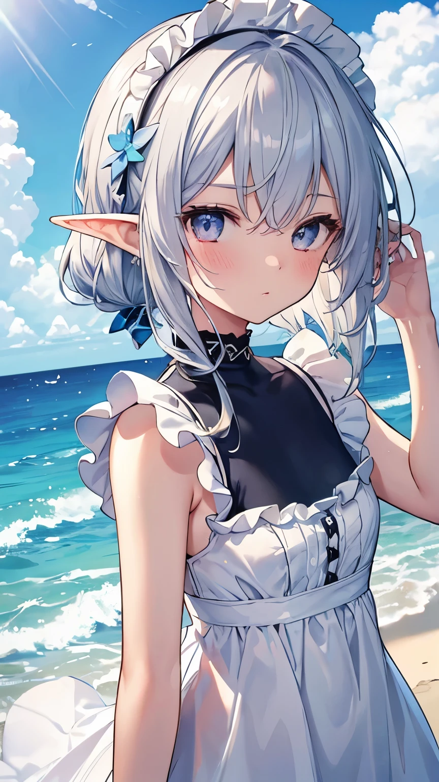 Highest quality:1.1)、(masterpiece:1.2)、(solo)、Close-up、Watching the viewer、Ocean、summer、Maid Clothes Wind Swimsuit,Flowing sweat,,Umbilical cord,Girl,whole body,blue sky,Silver Hair,Elf Ears,Silver Eyes,slender