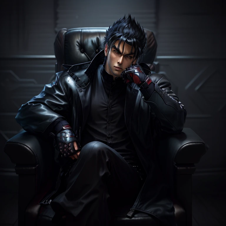 anime character sitting in a chair with his hand on his chin, kentaro miura manga art style, as a character in tekken, kentaro miura art style, kentaro miura manga style, kentaro miura art, tsurumaki kazuya, anime elvis presley, anime handsome man, male anime style, kentaro miura style