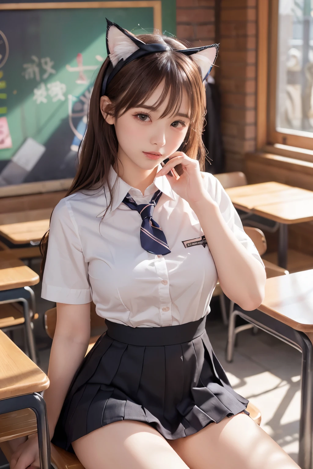 (Cat ears:1.3), (Showing off panties:1.4), (Professional portrait, Realistic and perfectly shaped subjects:1.3), (masterpiece, highest quality:1.2), (Realistic, Ultra-realistic, Realistic:1.3), (ultra High resolution), High resolution, Intricate details, Super detailed, (Highly detailed CG, unity 8k wallpaper:1.3), Clear image,
break
(1 Japanese girl, s old), (cute, Slender figure), (Perfect Anatomy, Correct limbs:1.2), (Perfect hands), Perfect Arms, Beautiful and delicate face down to the last detail, Beautiful and delicate eye and eye highlights, (Very thin and delicate、not too long lashes), (Captivating eyes, Beautifully detailed eyes and face), light makeup, Pink Lip, Lip gloss, Stylish face, (Shiny skin, Realistic skin detail), Brown Hair, medium chest
break
((school uniform)), (High school girl), (Black socks), shirt open
break
(cafe:1.3), sitting , (Cowboy Shot), break
(((blush:1.4))), ((Embarrassing:1.4)), (((shy:1.5)))
break
from below
break