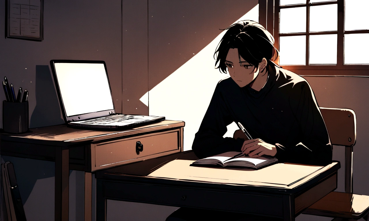 The protagonist sits in a cozy, minimalistic room with natural light streaming through the window. A desk holds a closed laptop, a journal, and a pen. The protagonist looks contemplative, gazing out the window.