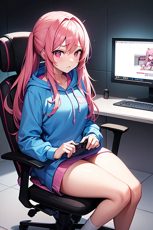 A age girl with a long pink hair and blue Hoodie sit at gaming chair, but she blushe angry after Lost at the video games she was playing on her computer