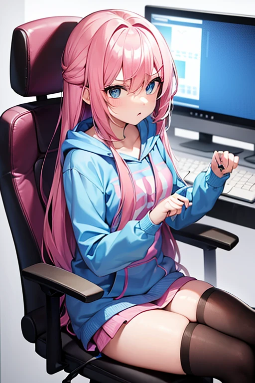 A girl with a long pink hair and blue Hoodie sit at gaming chair, but she blushe angry after Lost at the video games she was playing on her computer