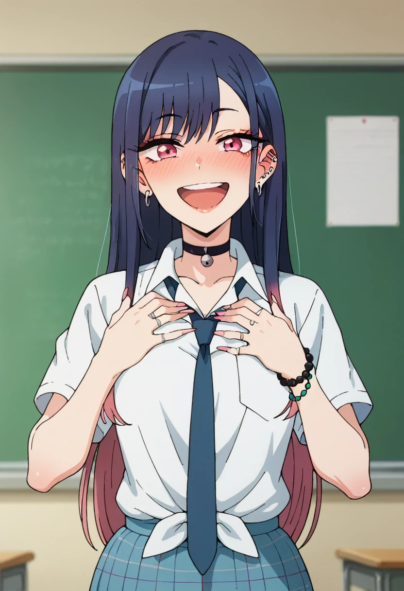 score_9, score_8_up, score_7_up, source_anime, KitagawaMarin, 1girl, ((very drunk)), ((staggers)), smile, upper teeth only, multicolored hair, long hair, magenta eyes, ear piercing, earrings, pink nails, makeup, MarinSchool, bead bracelet, black choker, neck bell, ring, collared shirt, white shirt, short sleeves, blue necktie, plaid skirt, blue skirt, tied shirt, standing, looking at viewer, ((hands on her breasts)), ((shows her tits naked)) indoors, classroom, blurry background