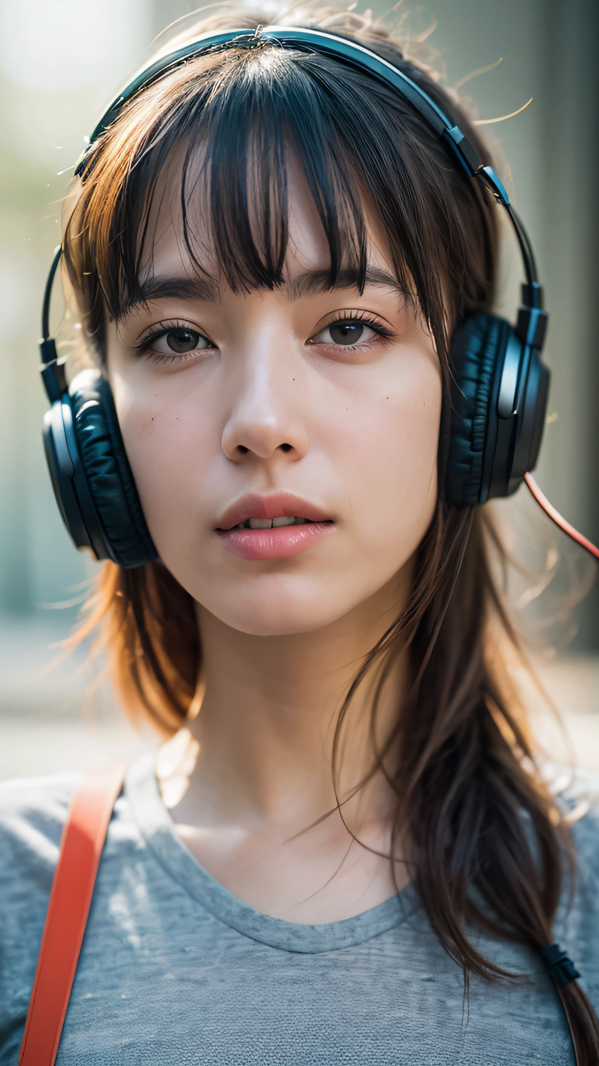 Dressed, (photo Realistic:1.4), (hyper Realistic:1.4), (Realistic:1.3), (Smoother lighting:1.05), (Improving the lighting quality of movies:0.9), 32k, One girl,20 year old girl, Realistic lighting, Backlight, Light on the face, Ray-tracing, (Bright light:1.2), (Improvement of quality:1.4), (Highest quality real texture skins:1.4), Detailed drawn eyes, Detailed painted face, Quality Eyes, (Tired, sleepy and satisfied:0.0), Face close-up, T-shirt with headphones, (Enhance the mood of your body line:1.1), (Enhances the beauty of skin texture:1.1)