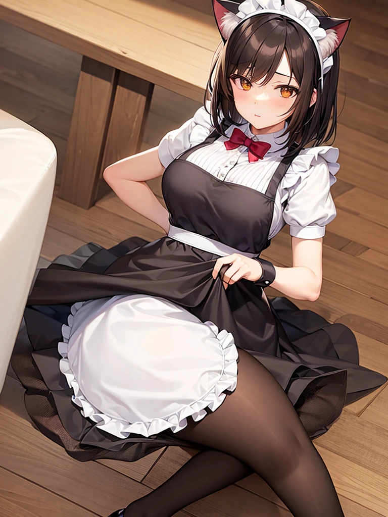 woman,Bob Hair,Maid clothes,Cat ears headband,Wear tights,Dark brown hair,Large ,maid Cafe