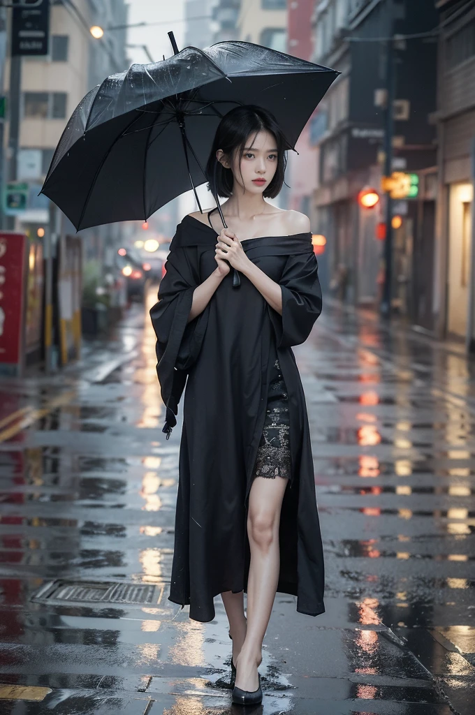 (((best quality))),(((ultra detailed))),(((masterpiece))),illustration,1girl, young,solo, slim,thin,shoulder length straight bob hair,small breasts,flat chest,standing,rainy night, heavy rain, drenched clothes, melancholy expression, solitude, tear rolling down cheek, wet hair, empty streets, dimly lit, deserted environment, sound of rain, footsteps, discarded umbrella on the ground, symbol of hope, abandoned, resilience, determination, walking in rain, heartbreak, loss, love fading, loneliness, body language, facial expression, dreary atmosphere, rain-soaked streets, somber mood, viewer engagement,full body