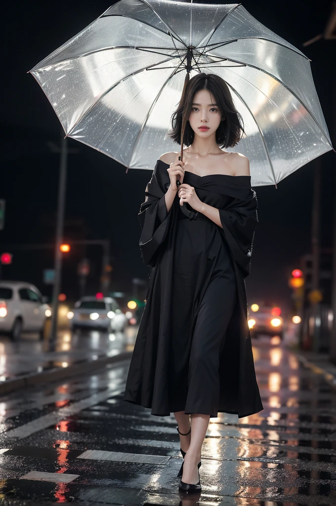 (((best quality))),(((ultra detailed))),(((masterpiece))),illustration,1girl, young,solo, slim,thin,shoulder length straight bob hair,small breasts,flat chest,standing,rainy night, heavy rain, drenched clothes, melancholy expression, solitude, tear rolling down cheek, wet hair, empty streets, dimly lit, deserted environment, sound of rain, footsteps, discarded umbrella on the ground, symbol of hope, abandoned, resilience, determination, walking in rain, heartbreak, loss, love fading, loneliness, body language, facial expression, dreary atmosphere, rain-soaked streets, somber mood, viewer engagement,full body