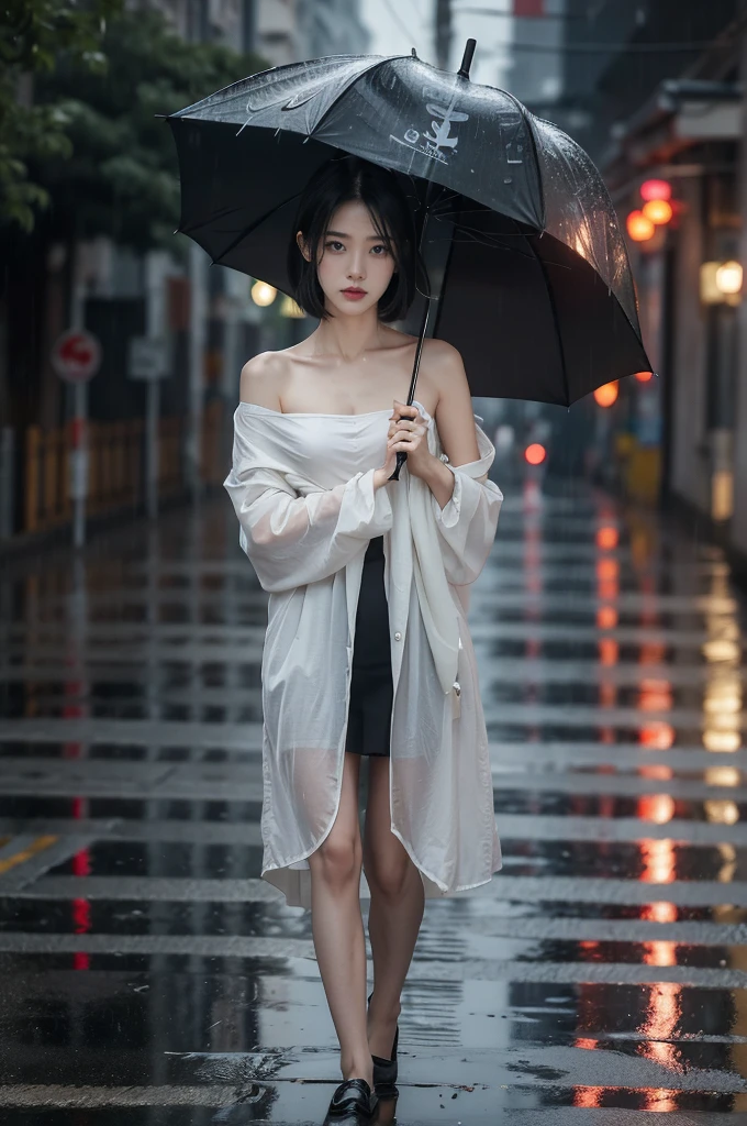 (((best quality))),(((ultra detailed))),(((masterpiece))),illustration,1girl, young,solo, slim,thin,shoulder length straight bob hair,small breasts,flat chest,standing,rainy night, heavy rain, drenched clothes, melancholy expression, solitude, tear rolling down cheek, wet hair, empty streets, dimly lit, deserted environment, sound of rain, footsteps, discarded umbrella on the ground, symbol of hope, abandoned, resilience, determination, walking in rain, heartbreak, loss, love fading, loneliness, body language, facial expression, dreary atmosphere, rain-soaked streets, somber mood, viewer engagement,full body