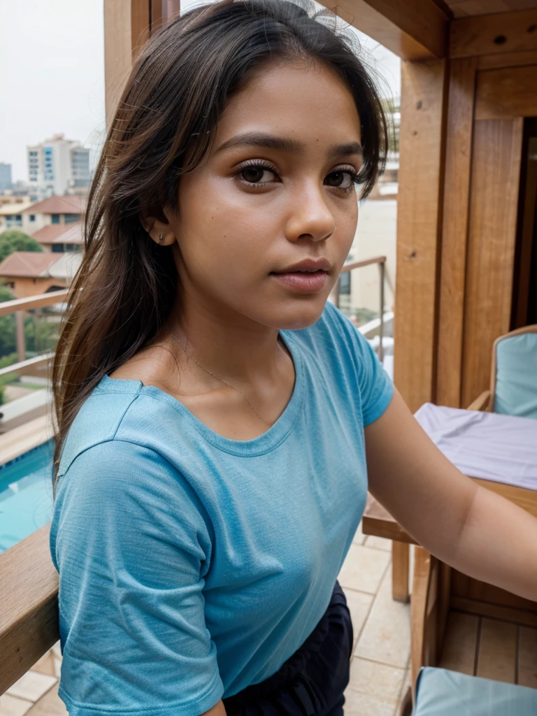 best quality,4k,8k,highres,masterpiece:1.2),ultra-detailed,(realistic,photorealistic,photo-realistic:1.37),srilankan 25 year old girl, with attractive facial features,beautiful detailed eyes,beautiful detailed lips,extremely detailed eyes, and face,longeyelashes,partialy fair skin. On a balcony of a hotel, peeking the beautiful sight, leaning on the fence, wearing a black T-shirt and blue trouser