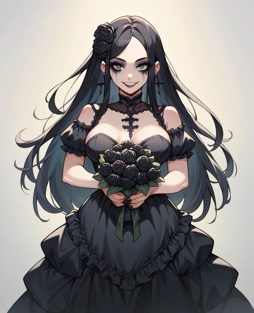 21 year old young girl, long black hair, wearing sexy gothic dress, wearing gothic makeup and accessories, pretty, breasts big, wide hip, with a slightly smiling face, holding a bouquet of black flowers.