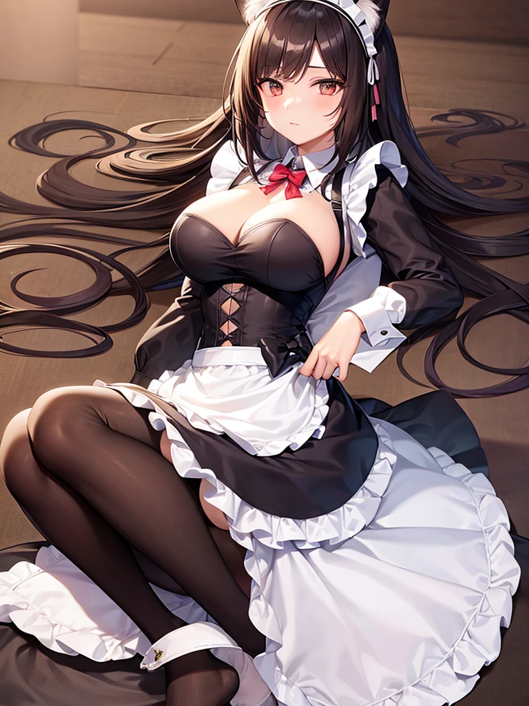 woman,Bob Hair,Maid clothes,Cat ears headband,Wear tights,Dark brown hair,Large Breasts,maid Cafe