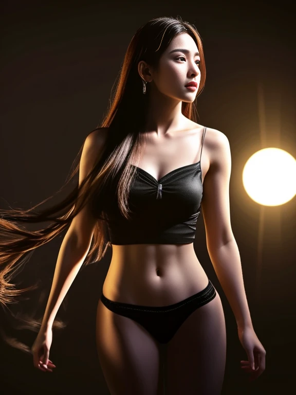 masterpiece, light makeup, messy long hair, super fine details, authentic texture, cinematic lighting realism, 16K, exquisite features, blue eyes, Beautiful Face, smooth skin, ((Dark background)), Back exposure, on all fours