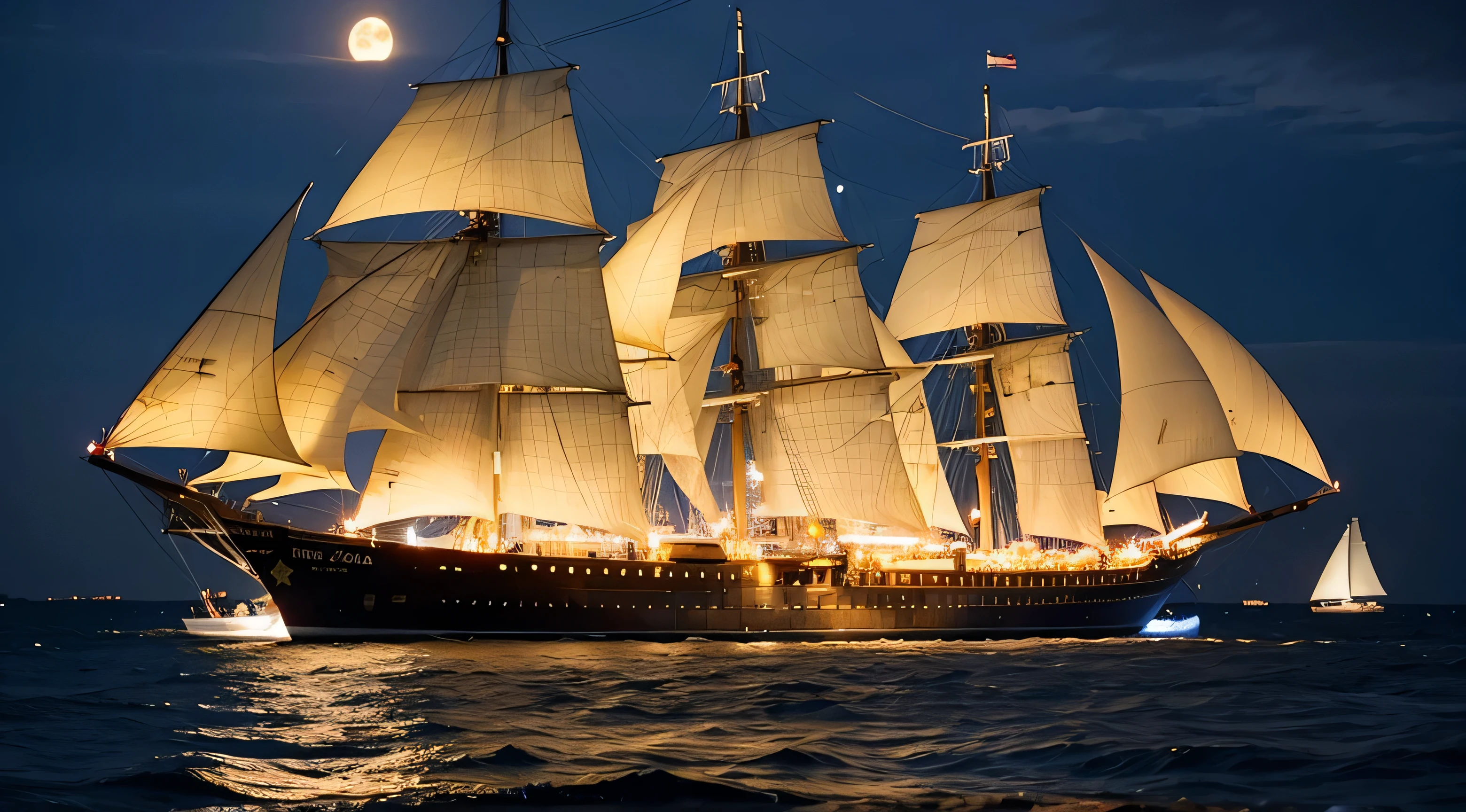 Sea of night、Big full moon、Big sailing ship、Lights from the sailboat's windows、Big moon above the water、Generate a moon reflection on the ocean surface、8K.