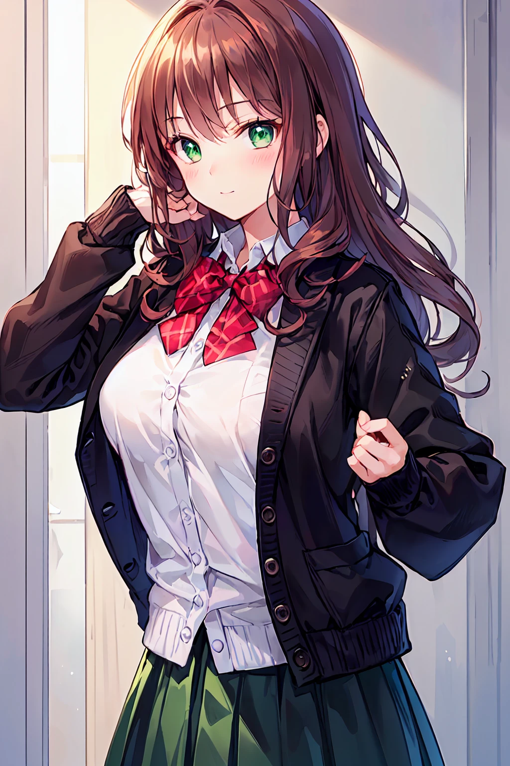 ((Tabletop, Highest quality, High resolution, Hmph, Pixel perfect, Written boundary depth, 4K, Hmph, Hmph))), 1 Girl, single, alone, Beautiful Anime Girls, Beautiful art style, Anime characters, ((Long Hair, bangs, Dark brown hair, Curly Hair:0.8)), ((Green Eyes:1.4, Beautiful Eyes, Beautiful Eyes, Perfect Eyes,Curled eyelashes, Realistic eyes)), ((Detailed face, blush:1.2)), ((Smooth texture:0.75, Realistic texture:0.5, Anime CG Style)), Medium chest, Dynamic Angle, Big Breasts, Perfect body, Dynamic pose, ((Red bow tie, , Black jacket, Open jacket, Brown cardigan, White shirt, Black Skirt, Checked skirt)), smile, Open your mouth, Put your arms behind your back, Leaning forward, Amalment Park, ((close, throw, cute, Shoot in the face))